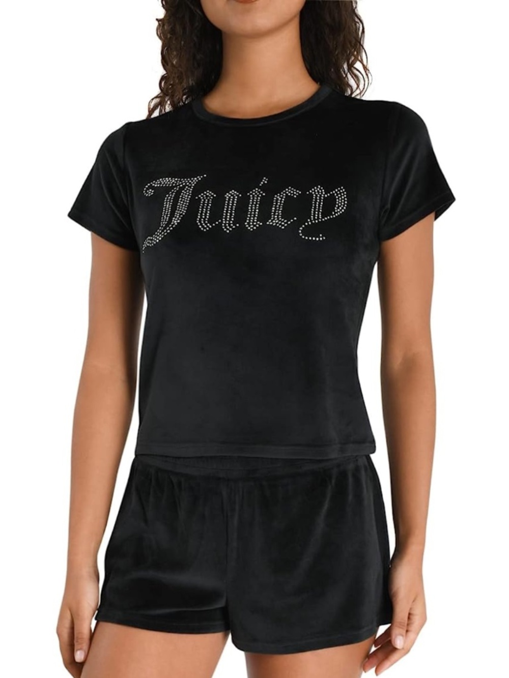 Juicy Couture Velour Rhinestone Spell Out Tee Black Large